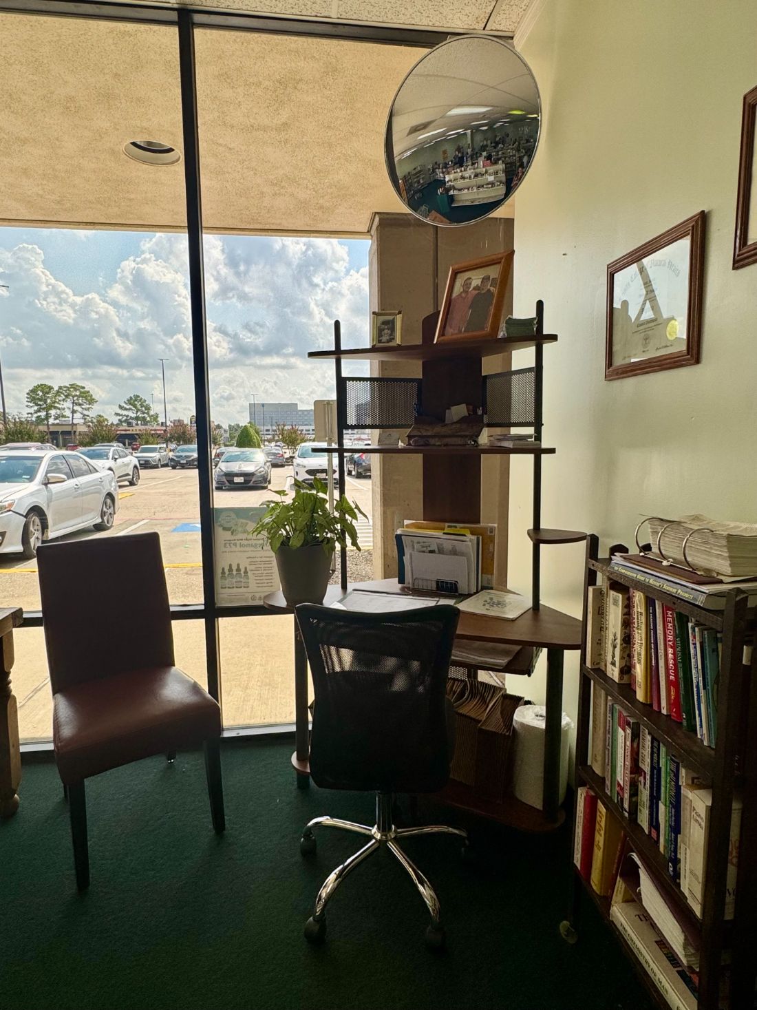 Shirley's consultation corner by the front window, with two chairs and a shelf of reference books