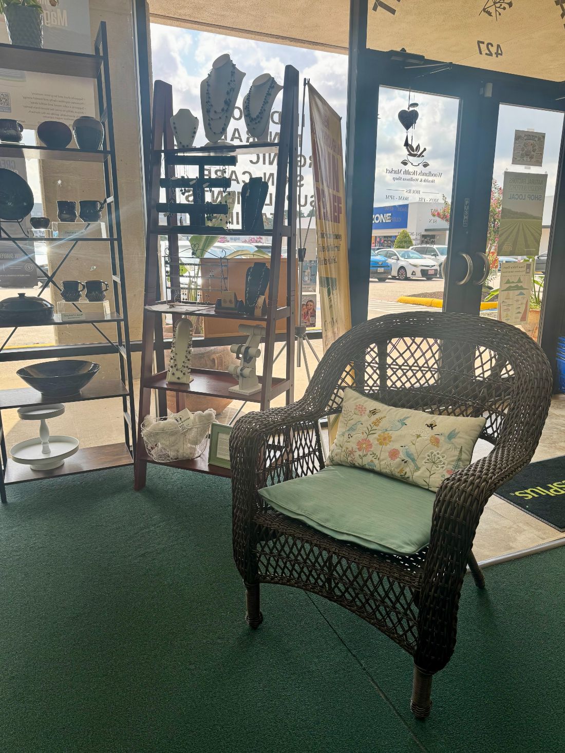 The crystal and stone jewelry corner by the front window