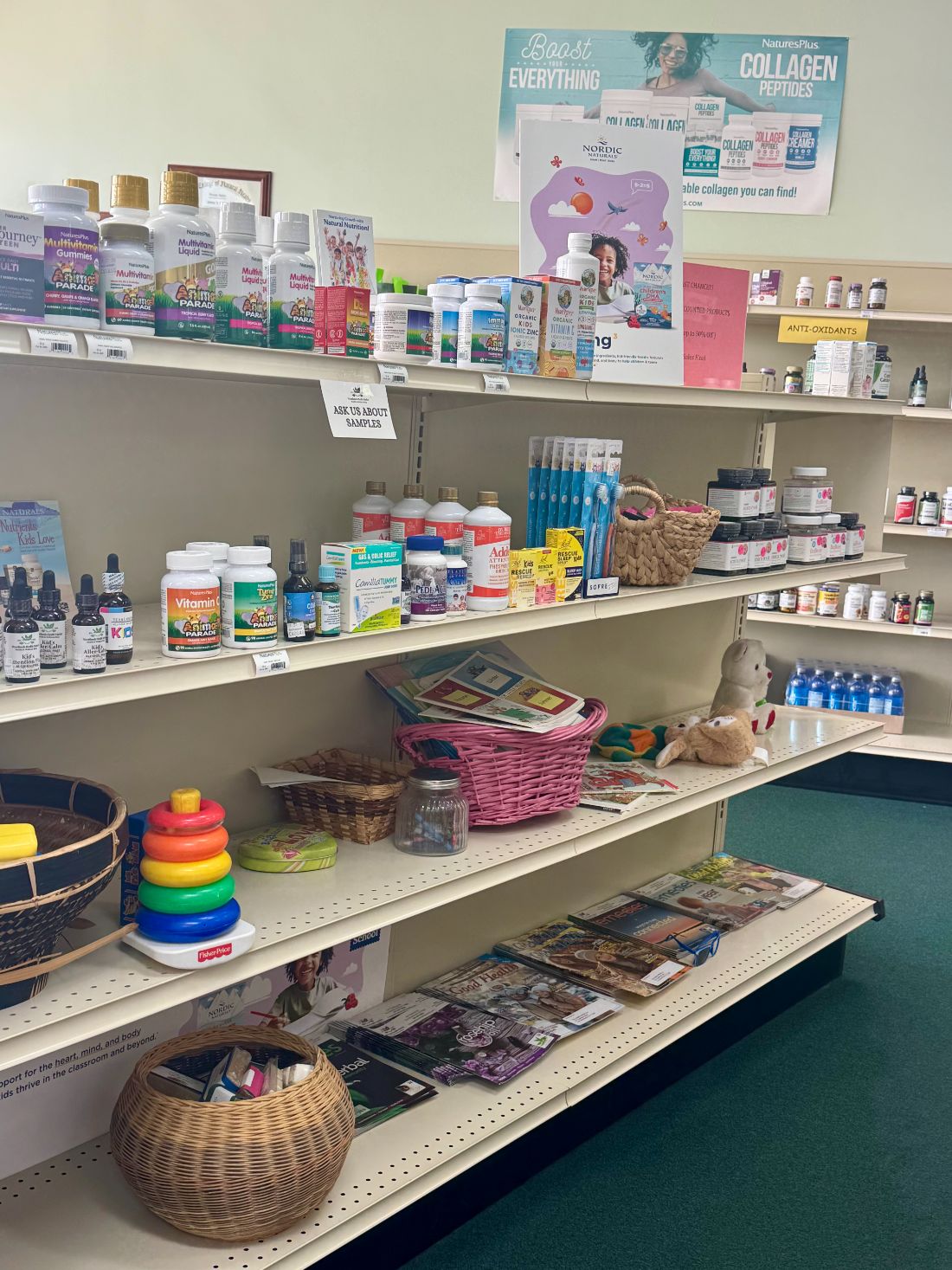 The children's aisle with gentle formulas, books and a toy basket